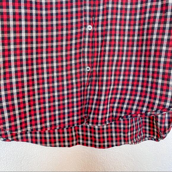 LOFT Red Plaid Ruffle Neck Button Down Top Size Medium - Picture 5 of 8